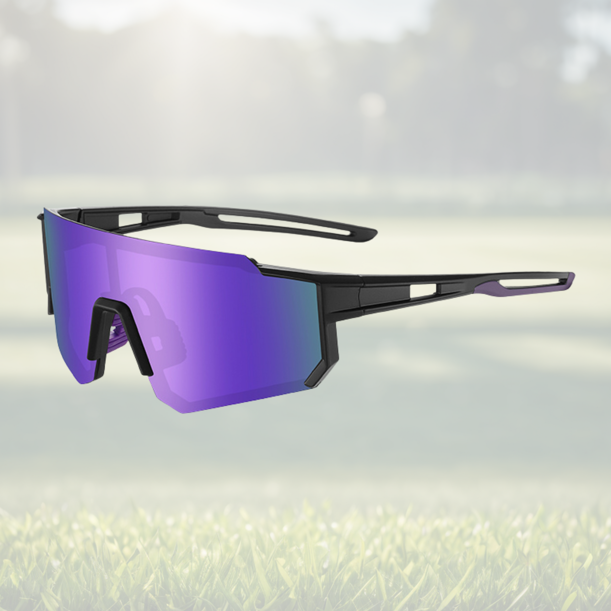A pair of Sportiq Gamechanger Violet professional sport sunglasses with purple reflective lenses and black frame, polarized UV400, polycarbonate frame with TAC lens, displayed on a grass background.