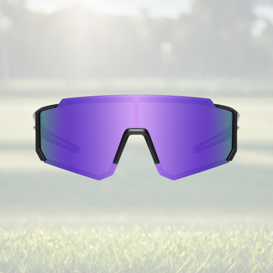 A pair of Sportiq Gamechanger Violet professional sport sunglasses with purple reflective lenses and black frame, polarized UV400, polycarbonate frame with TAC lens, displayed on a grass background.
