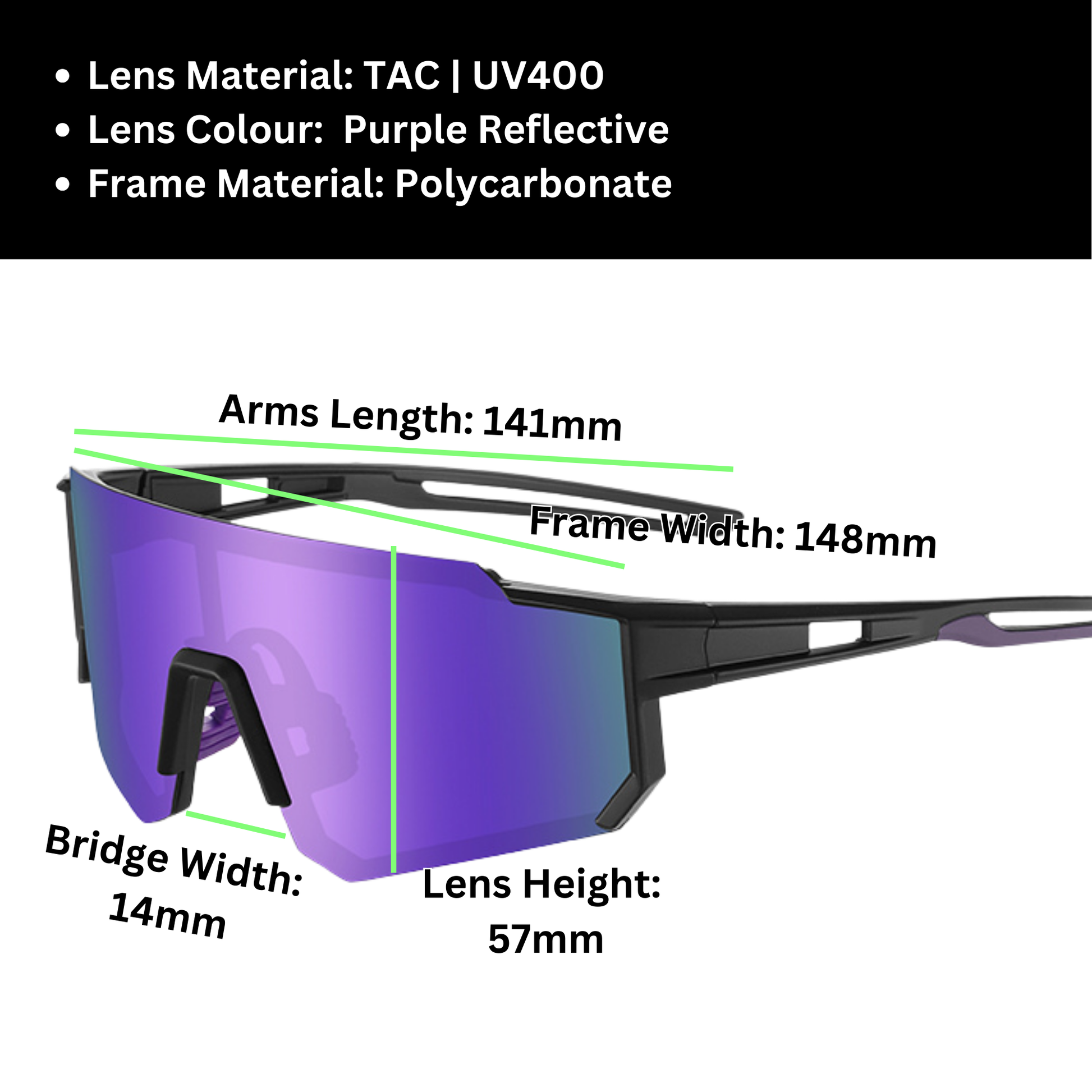 A pair of Sportiq Gamechanger Violet professional sport sunglasses with purple reflective lenses and black frame, polarized UV400, polycarbonate frame with TAC lens, displayed on a grass background.