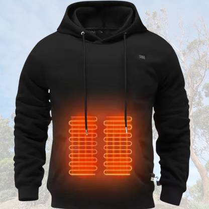 A Black Sportiq HeatCore Hoodie, weatherproof with insulation and electric heated carbon fibre panels. Displayed on an outdoor background.
