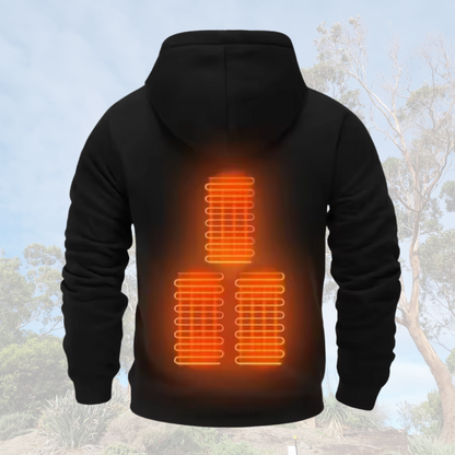 A Black Sportiq HeatCore Hoodie, weatherproof with insulation and electric heated carbon fibre panels. Displayed on an outdoor background.