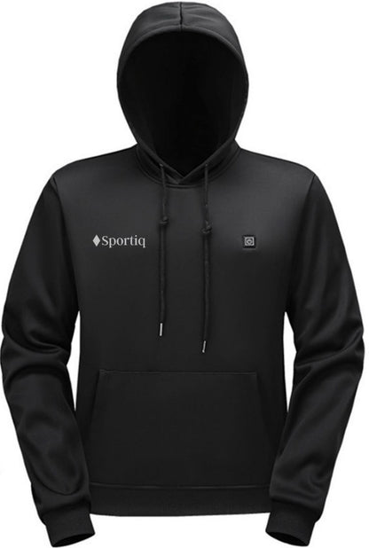 A Black Sportiq HeatCore Hoodie, weatherproof with insulation and electric heated carbon fibre panels. Displayed on an outdoor background.