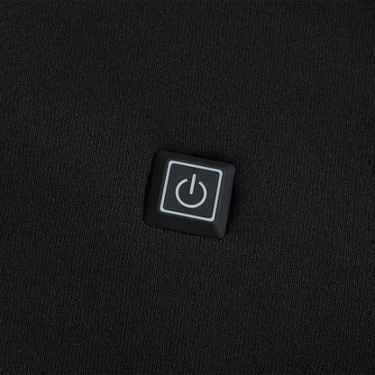 Showcase of the heat control button for a Black Sportiq HeatCore Hoodie, weatherproof with insulation and electric heated carbon fibre panels.