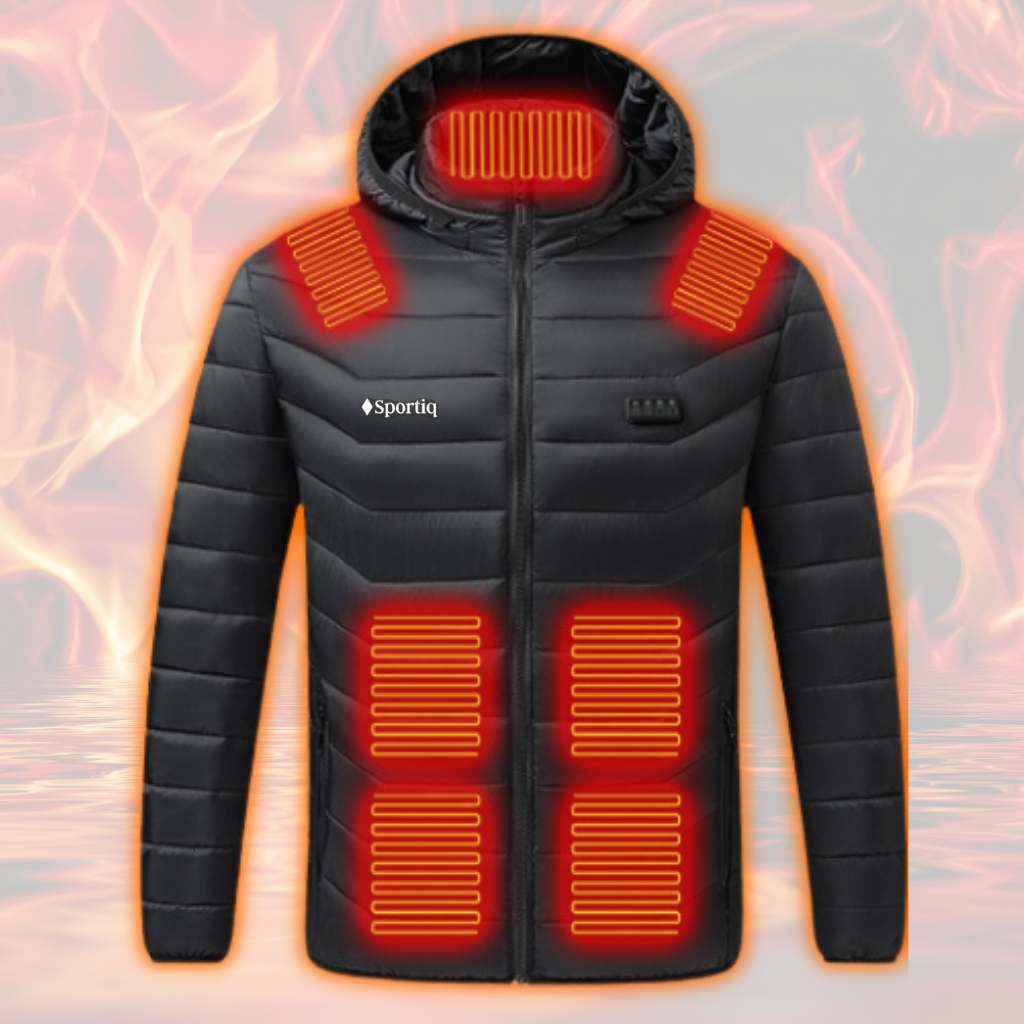 A Black Sportiq HeatCore Jacket, weatherproof with insulation and electric heated carbon fibre panels. Displayed on a flames background to showcase the heating ability.