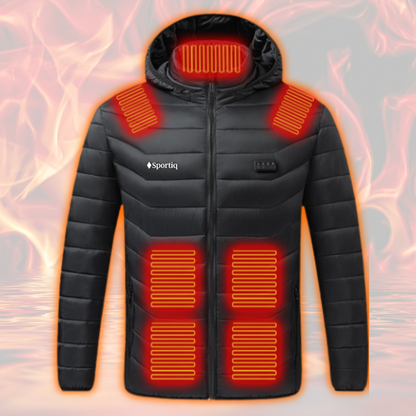 A Black Sportiq HeatCore Jacket, weatherproof with insulation and electric heated carbon fibre panels. Displayed on a flames background to showcase the heating ability.