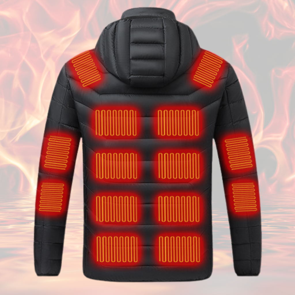 A Black Sportiq HeatCore Jacket, weatherproof with insulation and electric heated carbon fibre panels. Displayed on a flames background to showcase the heating ability.