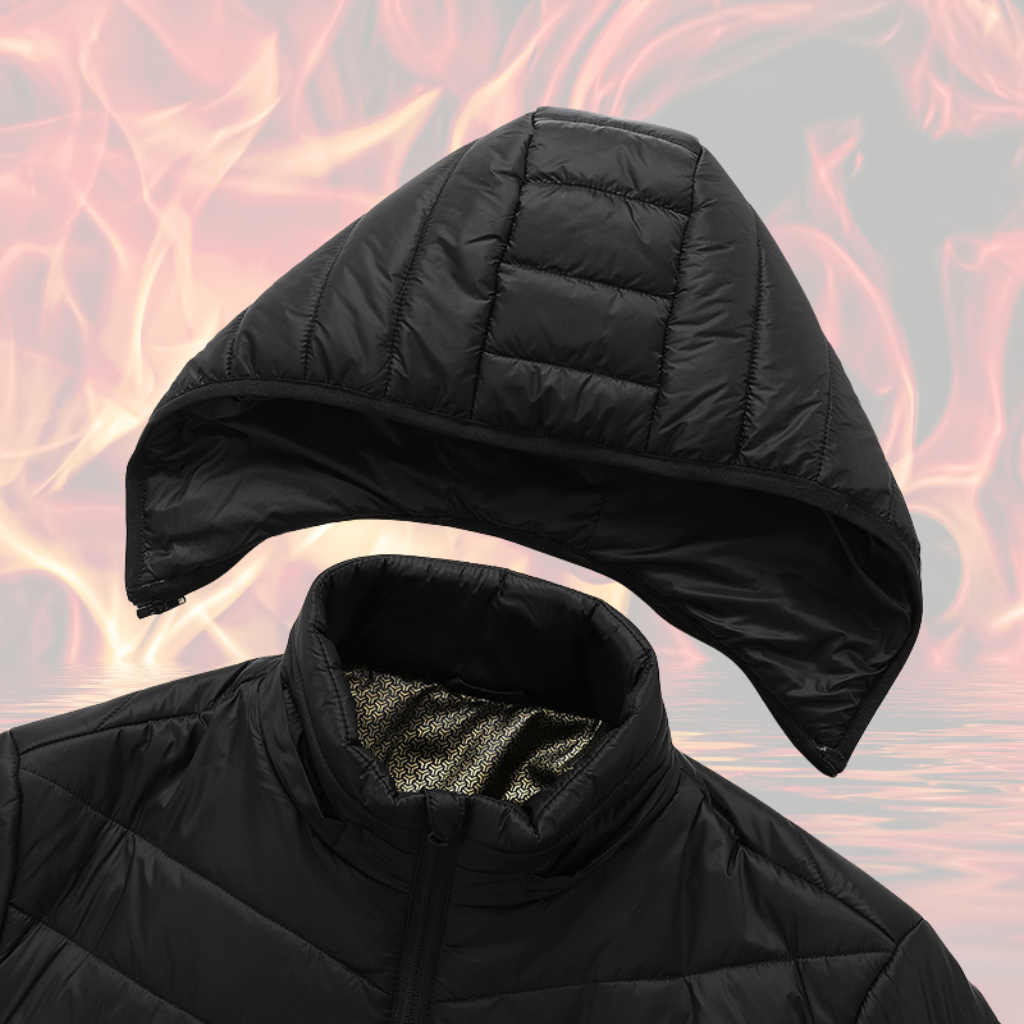 Showcase of detachable hood for a Black Sportiq HeatCore Jacket, weatherproof with insulation and electric heated carbon fibre panels. 