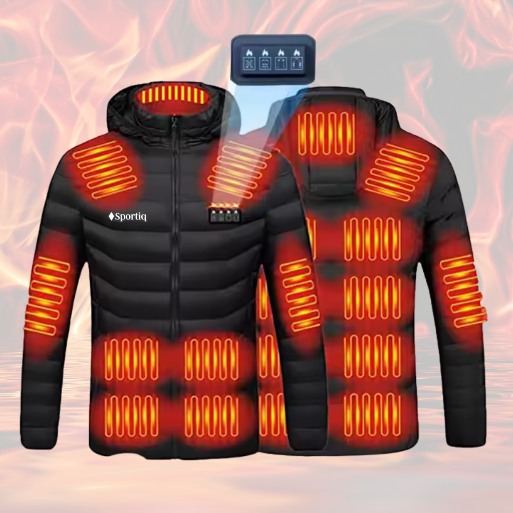 Showcase of heating zones for a Black Sportiq HeatCore Jacket, weatherproof with insulation and electric heated carbon fibre panels. 