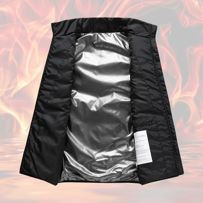 Showcase of inner insulation for a Black Sportiq HeatCore Jacket, weatherproof with insulation and electric heated carbon fibre panels. 
