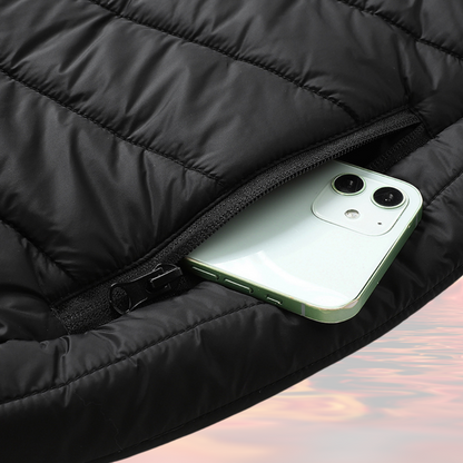 Showcase of pocket storage for a Black Sportiq HeatCore Jacket, weatherproof with insulation and electric heated carbon fibre panels. 