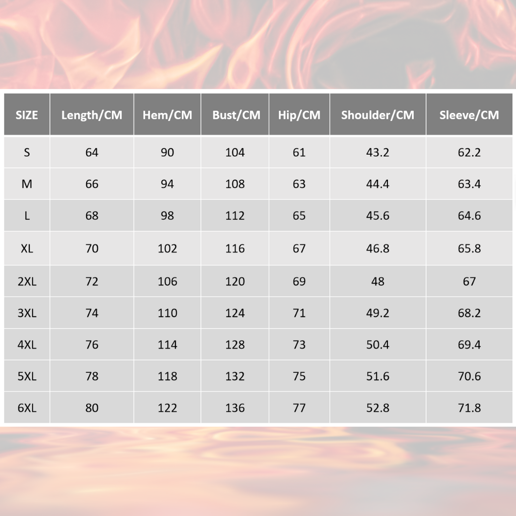 Sizing chart for a Black Sportiq HeatCore Jacket, weatherproof with insulation and electric heated carbon fibre panels. Displayed on a flames background to showcase the heating ability.