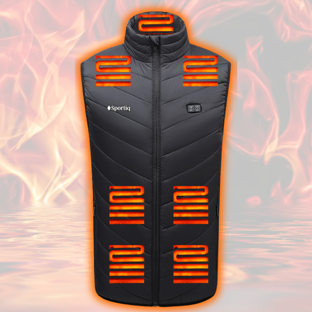 A Black Sportiq HeatCore Vest, puffer style and weatherproof, wind resistant with electric heated carbon fibre panels. Displayed on a flames background to showcase the heating ability