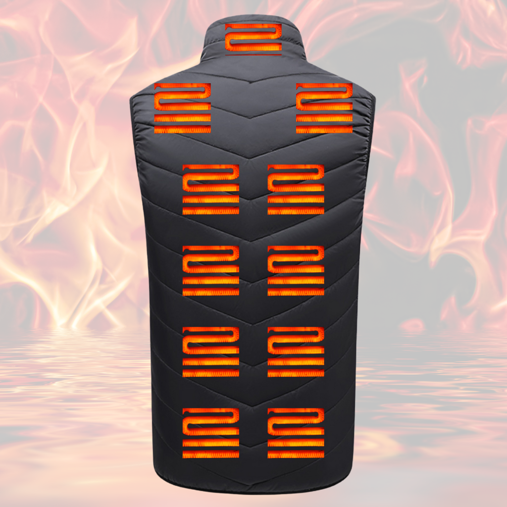 A Black Sportiq HeatCore Vest, puffer style and weatherproof, wind resistant with electric heated carbon fibre panels. Displayed on a flames background to showcase the heating ability.