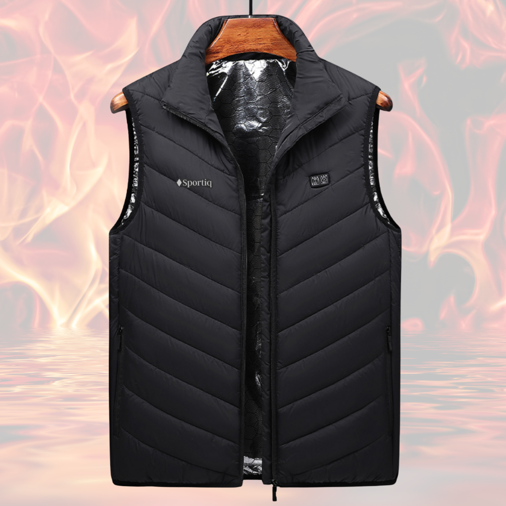 A Black Sportiq HeatCore Vest, puffer style and weatherproof, wind resistant with electric heated carbon fibre panels. Displayed on a flames background to showcase the heating ability.
