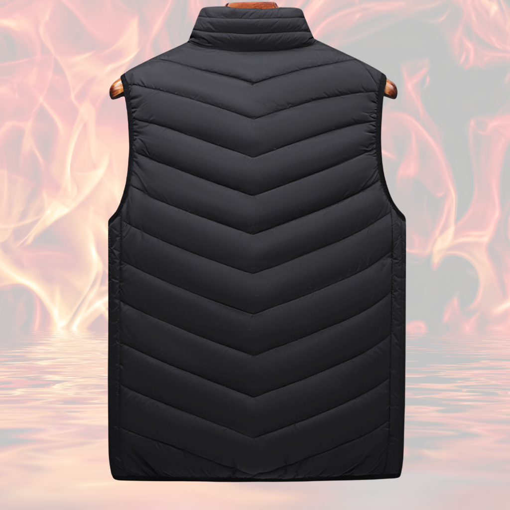 A Black Sportiq HeatCore Vest, puffer style and weatherproof, wind resistant with electric heated carbon fibre panels. Displayed on a flames background to showcase the heating ability.