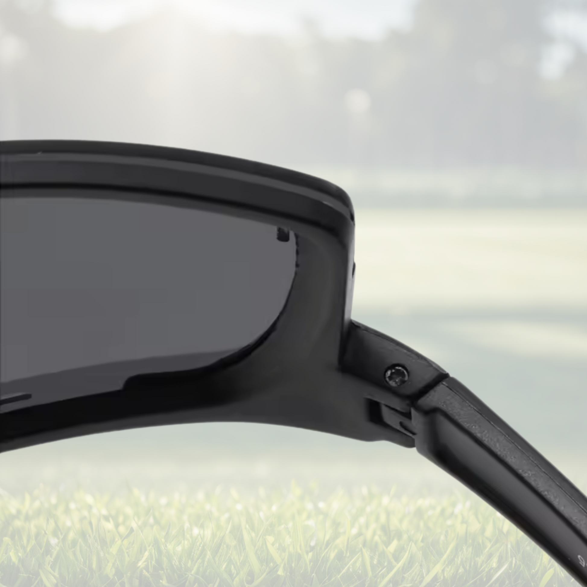 A pair of Sportiq Horizon Tidal performance sunglasses with blue reflective lenses and blue frame, UV400, polycarbonate frame with polycarbonate lens, displayed on a grass background.