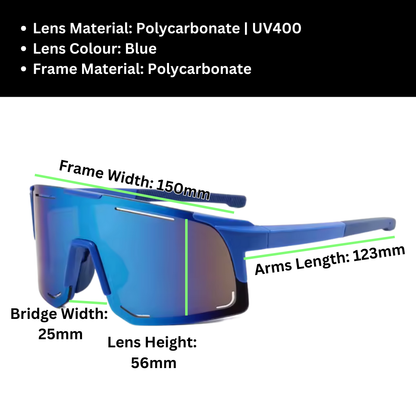 A pair of Sportiq Horizon Tidal performance sunglasses with blue reflective lenses and blue frame, UV400, polycarbonate frame with polycarbonate lens, displayed on a grass background.