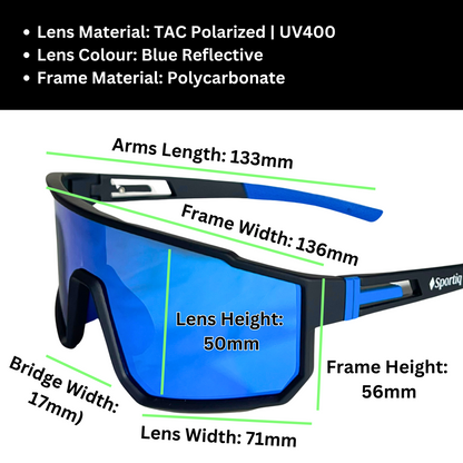 A pair of Sportiq VividShield sunglasses with blue reflective lenses and a black frame,  polarized UV400, polycarbonate frame with TAC lens, displayed on a grass background.