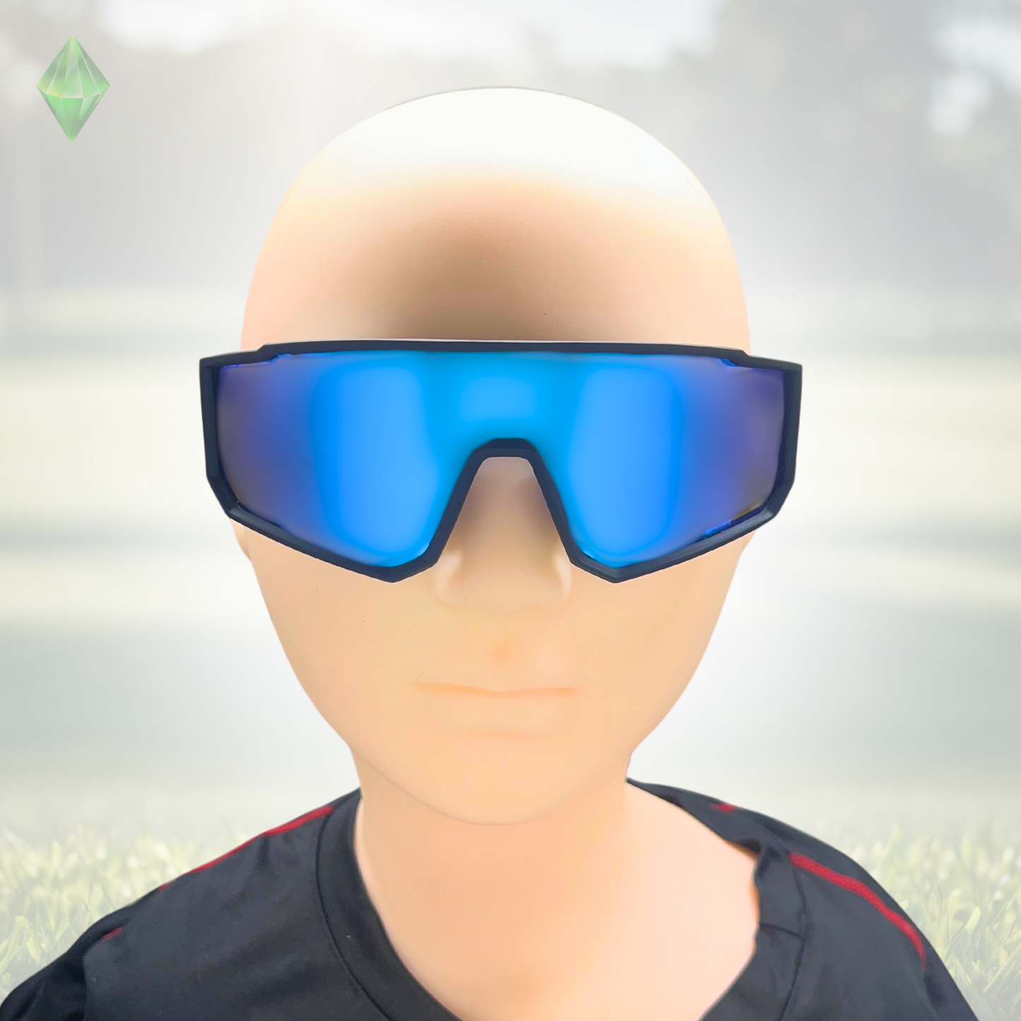 A pair of Sportiq VividShield sunglasses with blue reflective lenses and a black frame,  polarized UV400, polycarbonate frame with TAC lens, displayed on a grass background.