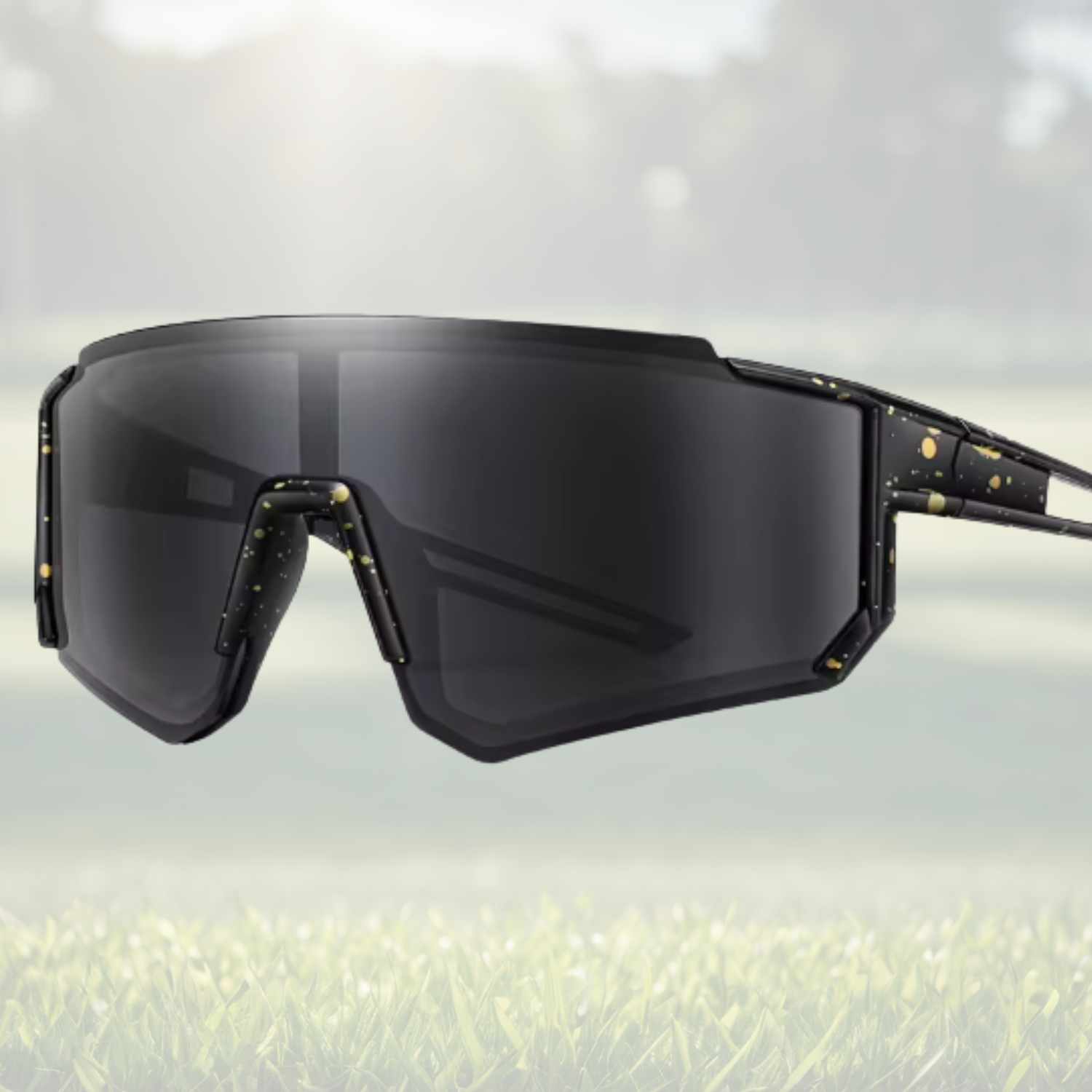 A pair of Sportiq JNR kids Jet Black sport sunglasses with black lenses and black frame, UV400, polycarbonate frame with polycarbonate lens, displayed on a grass background.