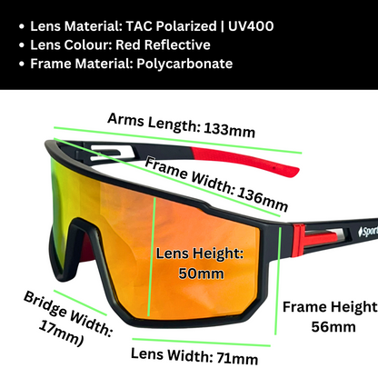 A pair of Sportiq VividShield sunglasses with black and red frame and red reflective lens, polarized UV400, polycarbonate frame with TAC lens, displayed on a grass background.