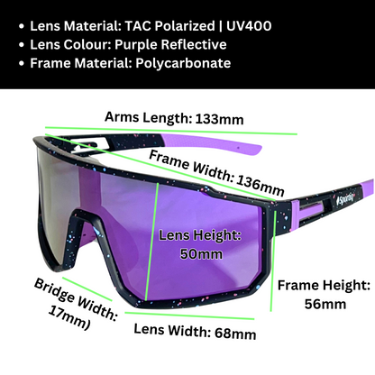 A pair of Sportiq VividShield sunglasses with a purple reflective lens and black frame,  polarized UV400, polycarbonate frame with TAC lens, displayed on a grass background.