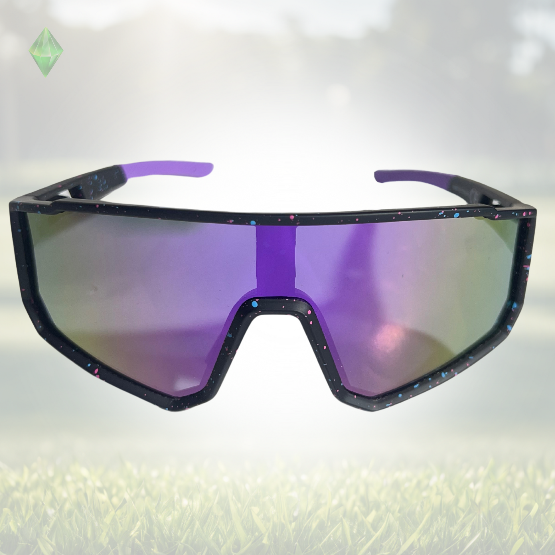 A pair of Sportiq VividShield sunglasses with a purple reflective lens and black frame,  polarized UV400, polycarbonate frame with TAC lens, displayed on a grass background.