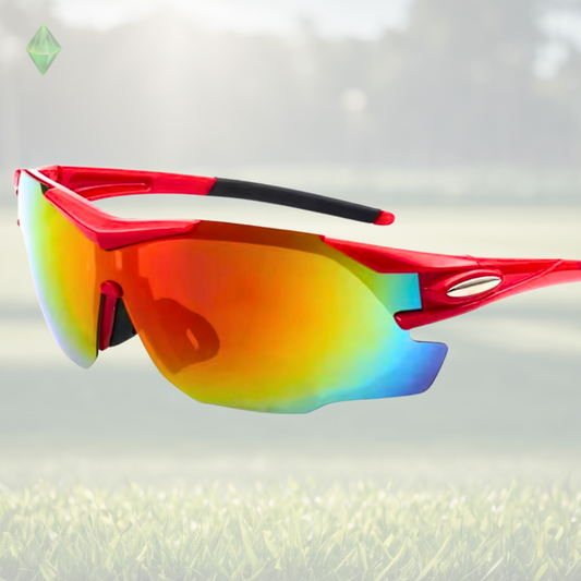 A pair of Sportiq OptiView - Crimson Glow professional sport sunglasses with red reflective lenses and black frame, polarized UV400, polycarbonate frame with TAC lens, displayed on a grass background.