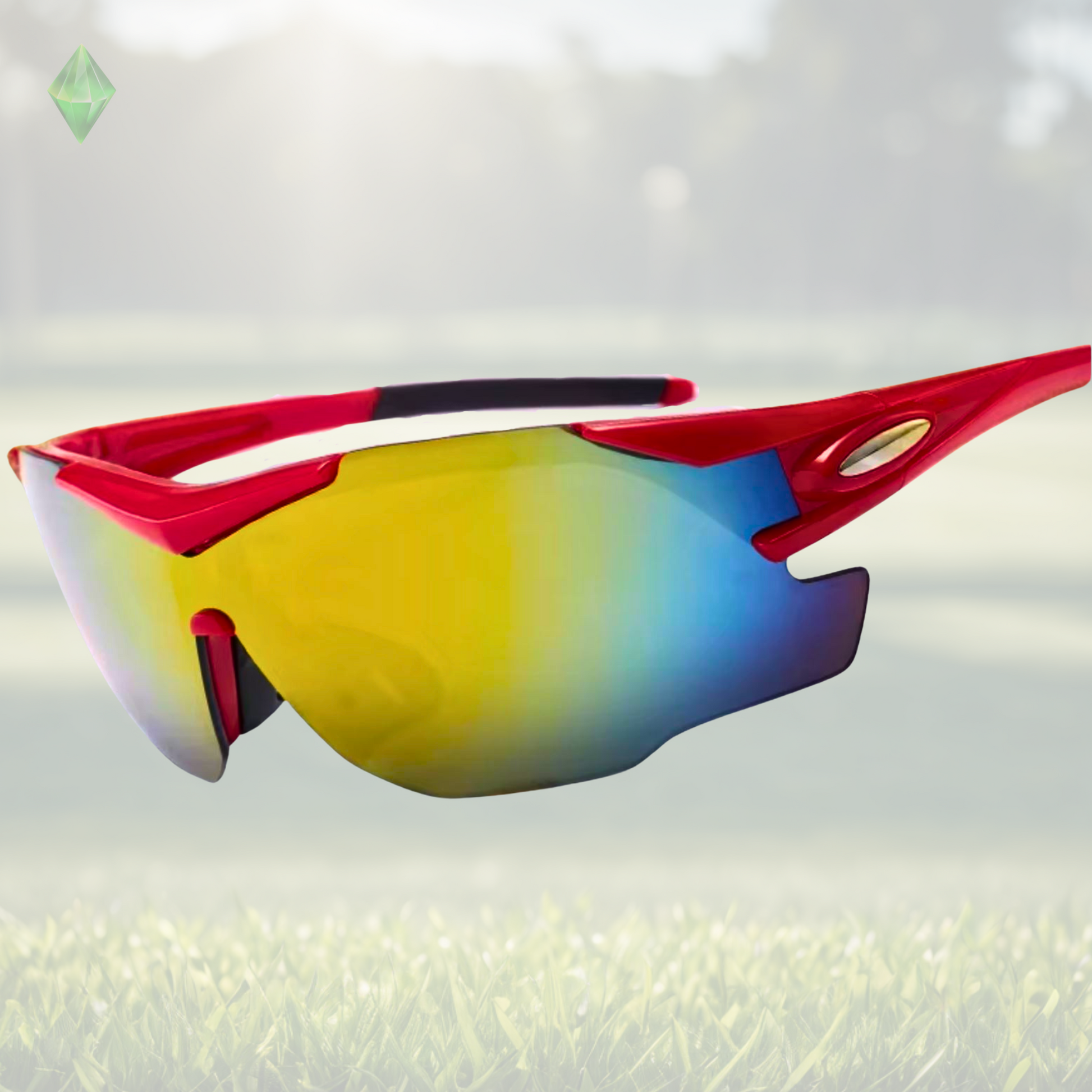 A pair of Sportiq OptiView - Crimson Glow professional sport sunglasses with red reflective lenses and black frame, polarized UV400, polycarbonate frame with TAC lens, displayed on a grass background.