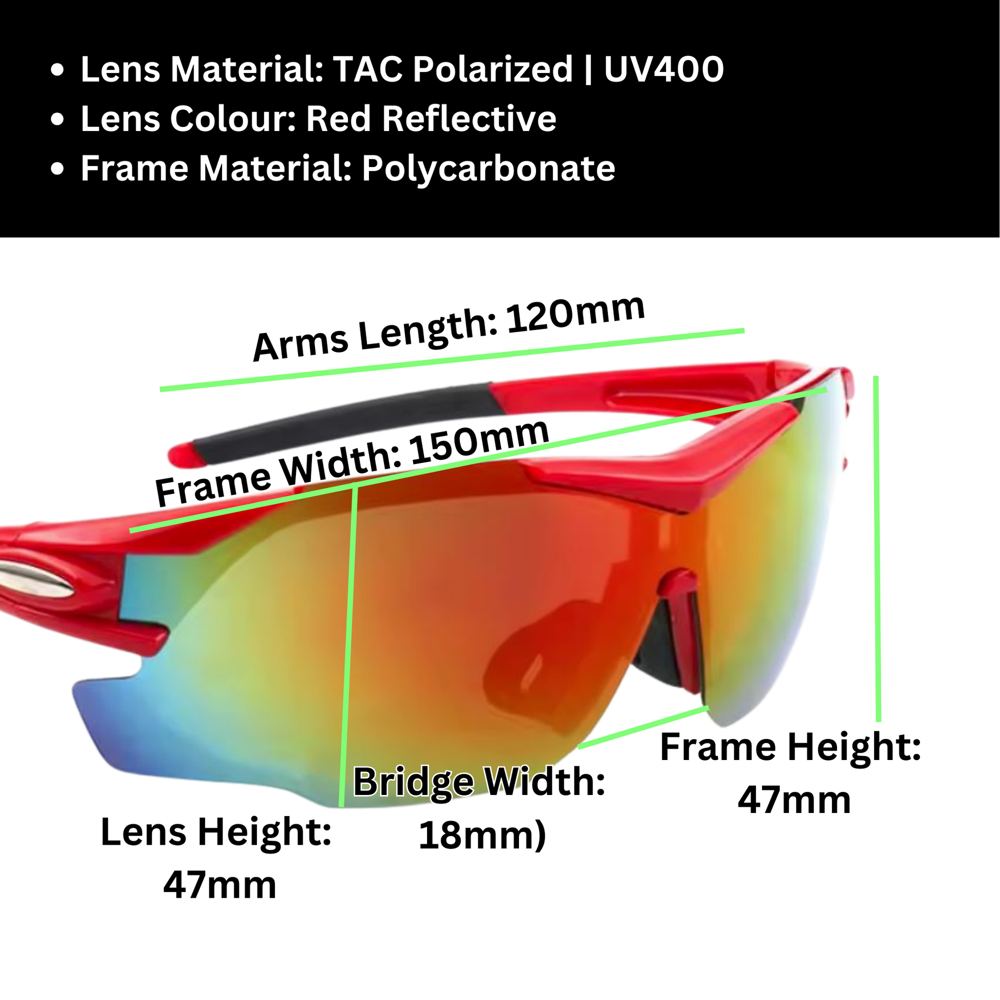 A pair of Sportiq OptiView - Crimson Glow professional sport sunglasses with red reflective lenses and black frame, polarized UV400, polycarbonate frame with TAC lens, displayed on a grass background.