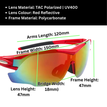 A pair of Sportiq OptiView - Crimson Glow professional sport sunglasses with red reflective lenses and black frame, polarized UV400, polycarbonate frame with TAC lens, displayed on a grass background.