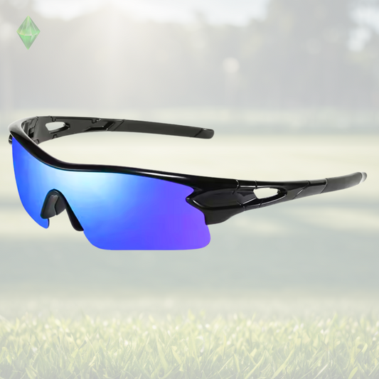 A pair of Sportiq OptiView - Sky Blue professional sport sunglasses with blue reflective lenses and black frame, polarized UV400, polycarbonate frame with TAC lens, displayed on a grass background.