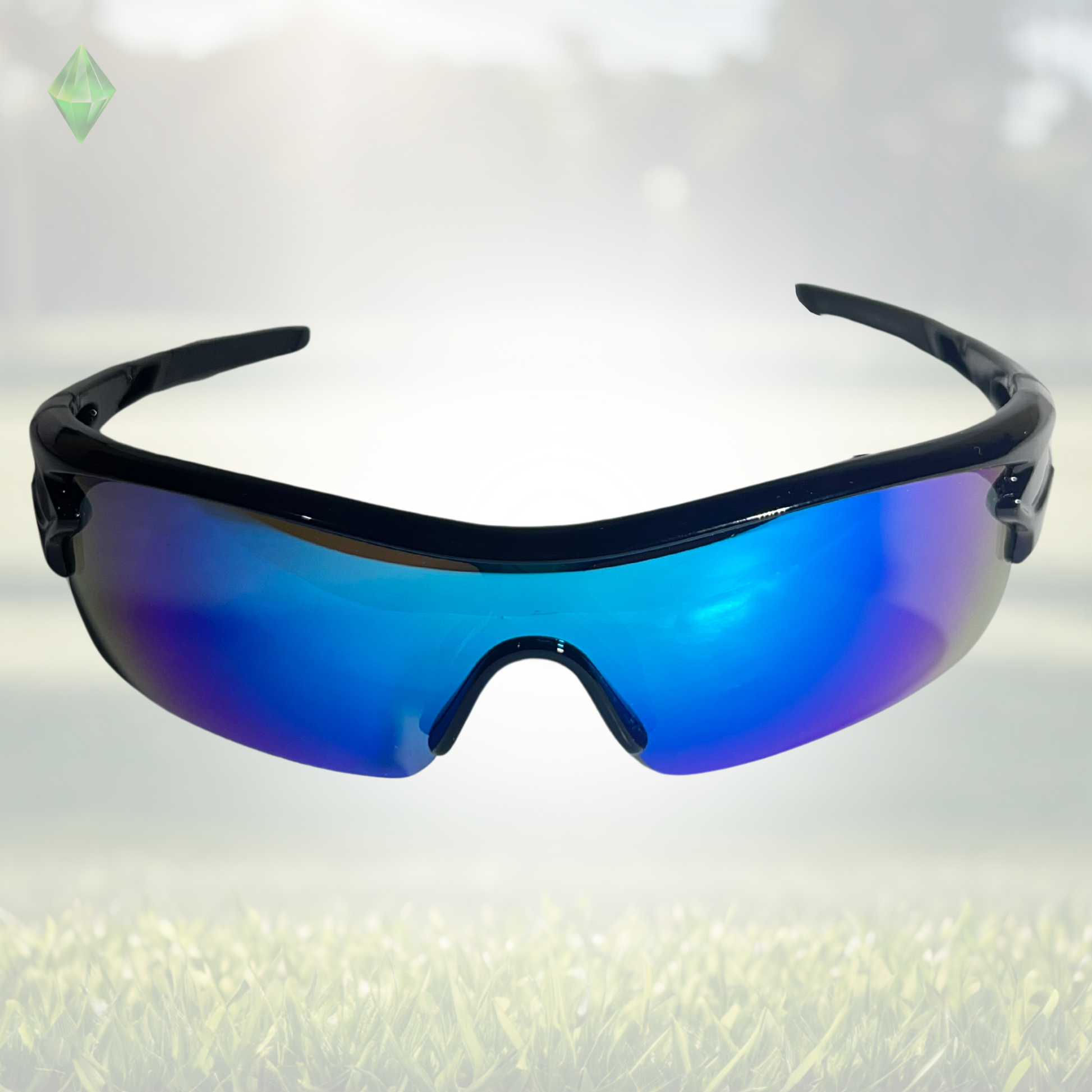 A pair of Sportiq OptiView - Sky Blue professional sport sunglasses with blue reflective lenses and black frame, polarized UV400, polycarbonate frame with TAC lens, displayed on a grass background.