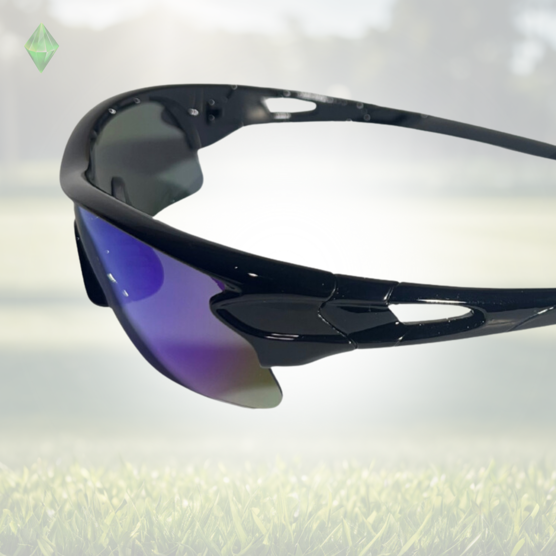 A pair of Sportiq OptiView - Sky Blue professional sport sunglasses with blue reflective lenses and black frame, polarized UV400, polycarbonate frame with TAC lens, displayed on a grass background.