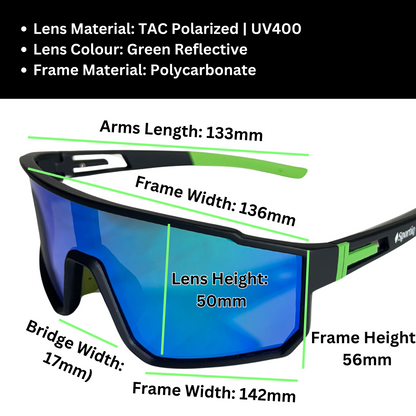 A pair of Sportiq VividShield sunglasses with green reflective lenses and a black frame,  polarized UV400, polycarbonate frame with TAC lens, displayed on a grass background.