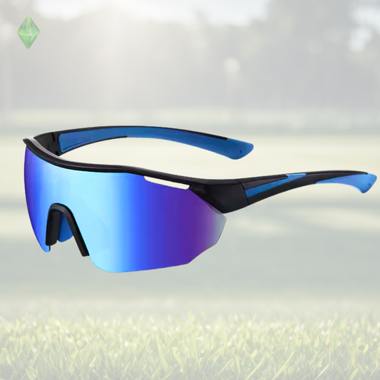 A pair of Sportiq ClarityX - Azure professional sport sunglasses with blue reflective lenses and black frame, polarized UV400, polycarbonate frame with TAC lens, displayed on a grass background.