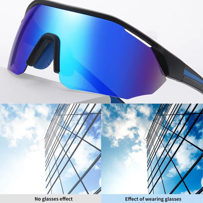 A pair of Sportiq ClarityX - Azure professional sport sunglasses with blue reflective lenses and black frame, polarized UV400, polycarbonate frame with TAC lens, displayed on a grass background.