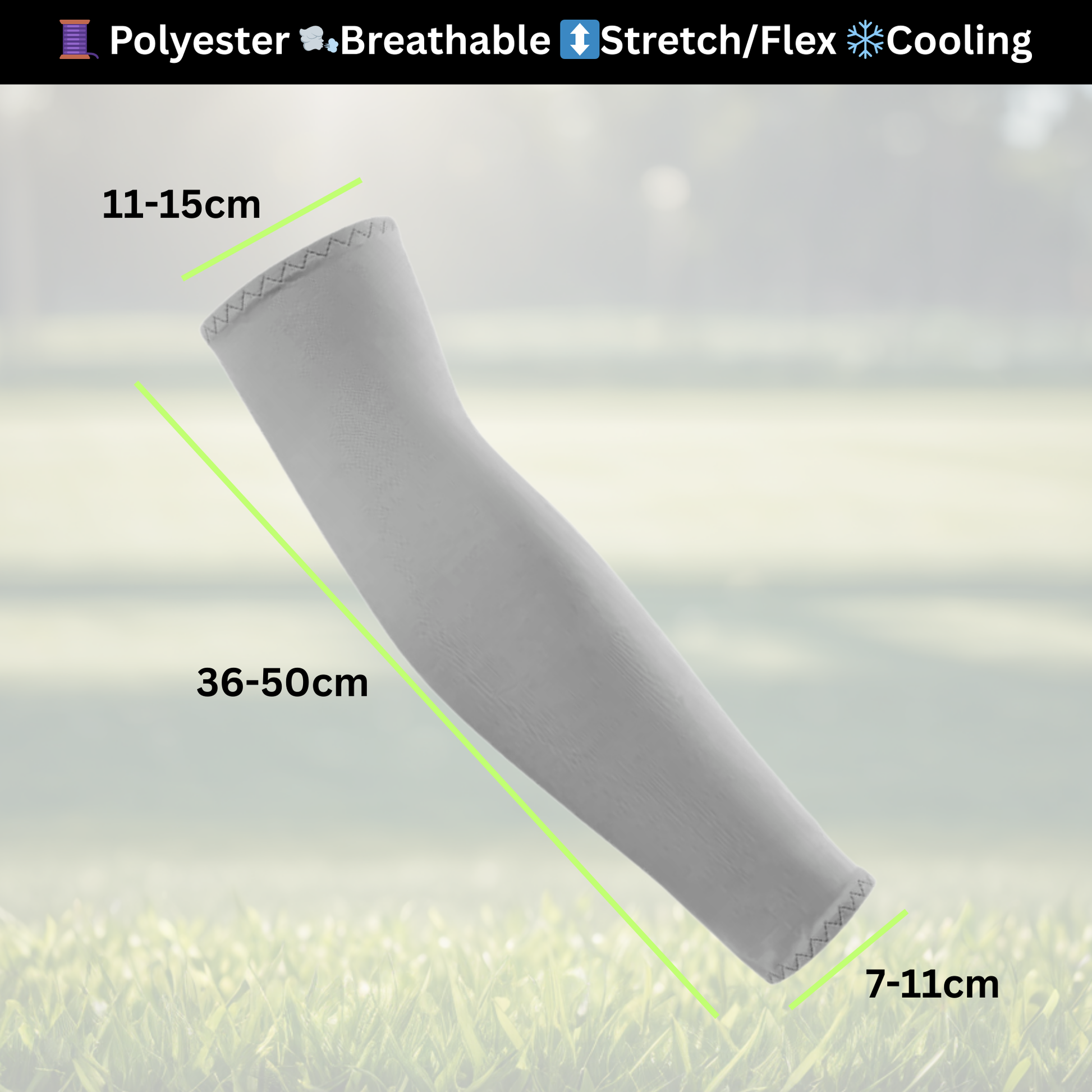 A pair of Sportiq Swift Sleeves, flexible and stretchy made of breathable polyester with a cooling and sun blocking affect, displayed on a grass background.