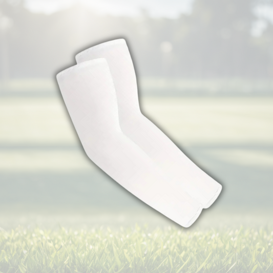 A pair of Sportiq Swift Sleeves in Ice Fade White, flexible and stretchy made of breathable polyester with a cooling and sun blocking affect, displayed on a grass background.