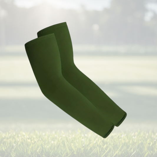 A pair of Sportiq Swift Sleeves in Tactical Green, flexible and stretchy made of breathable polyester with a cooling and sun blocking affect, displayed on a grass background.