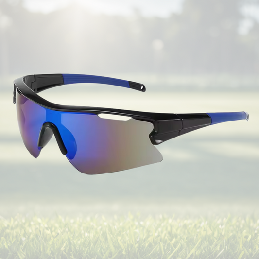 A pair of Sportiq Vector Tempest performance sunglasses with reflective blue lenses and black frame, UV400, polycarbonate frame with polycarbonate lens, displayed on a grass background.