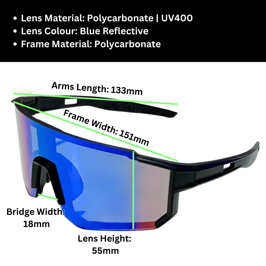 A pair of Sportiq Velocity Aurora performance sunglasses with blue reflective lenses and black frame, UV400, polycarbonate frame with polycarbonate lens, displayed on a grass background.