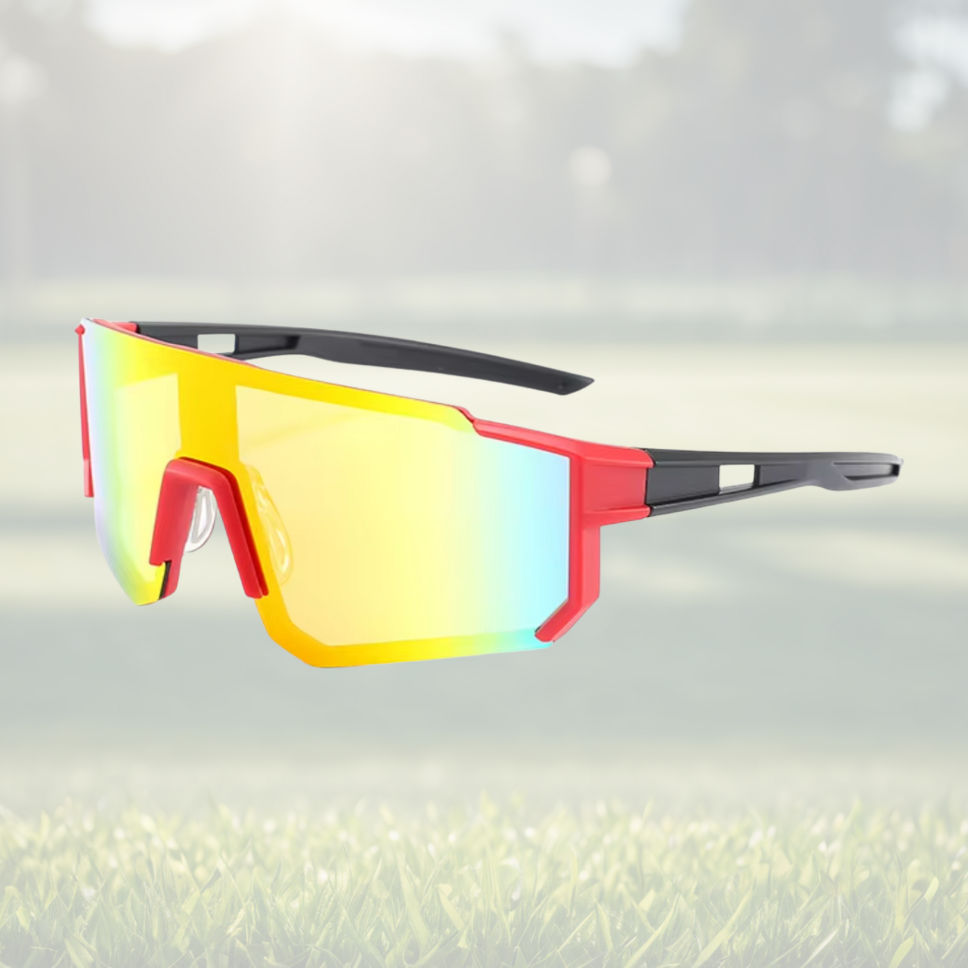A pair of Sportiq Velocity Blaze performance sunglasses with red reflective lenses and black frame, UV400, polycarbonate frame with polycarbonate lens, displayed on a grass background.