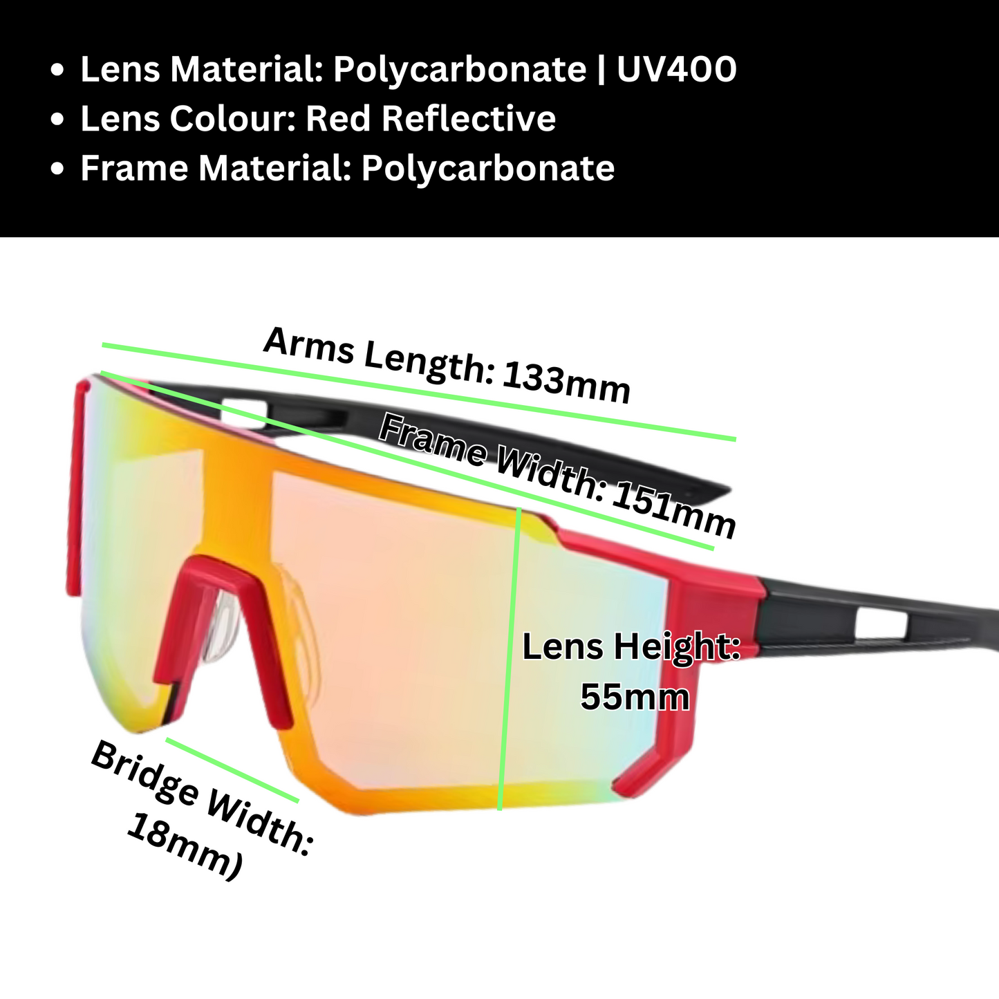 A pair of Sportiq Velocity Blaze performance sunglasses with red reflective lenses and black frame, UV400, polycarbonate frame with polycarbonate lens, displayed on a grass background.