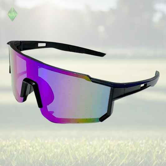 A pair of Sportiq Velocity Cosmic performance sunglasses with purple reflective lenses and black frame, UV400, polycarbonate frame with polycarbonate lens, displayed on a grass background.