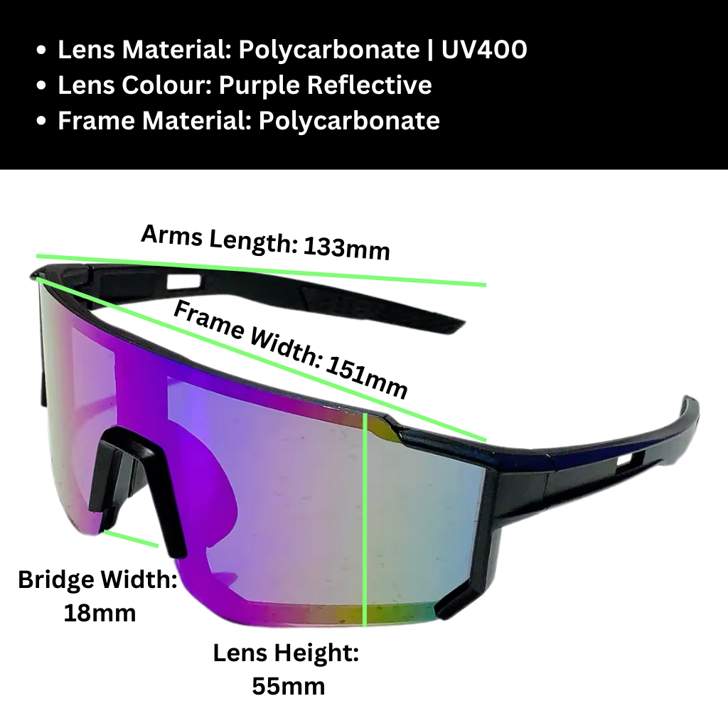 A pair of Sportiq Velocity Cosmic performance sunglasses with purple reflective lenses and black frame, UV400, polycarbonate frame with polycarbonate lens, displayed on a grass background.