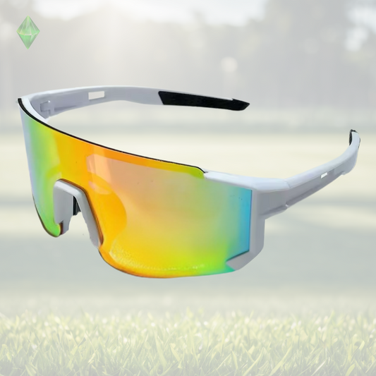 A pair of Sportiq Velocity Prism performance sunglasses with oange/green reflective lenses and black frame, UV400, polycarbonate frame with polycarbonate lens, displayed on a grass background.
