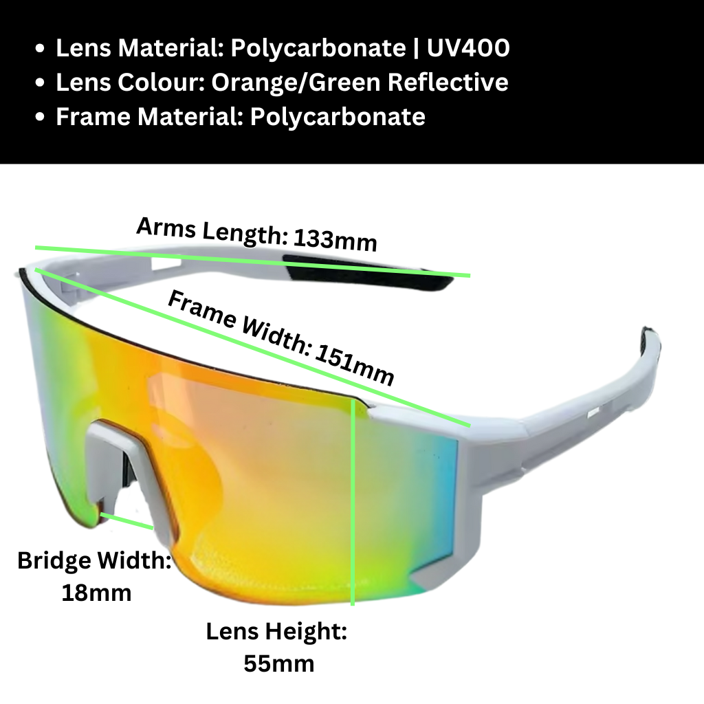 A pair of Sportiq Velocity Prism performance sunglasses with oange/green reflective lenses and black frame, UV400, polycarbonate frame with polycarbonate lens, displayed on a grass background.