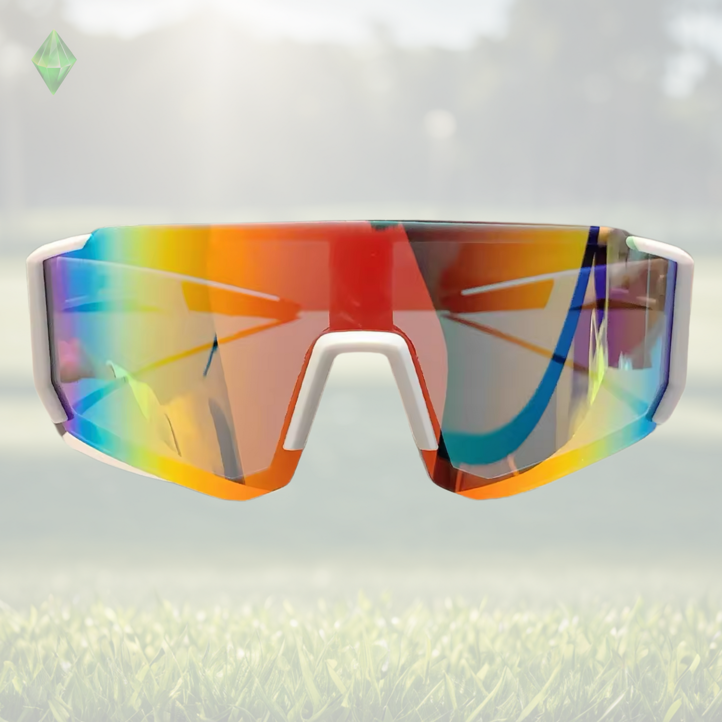 A pair of Sportiq Velocity Prism performance sunglasses with oange/green reflective lenses and black frame, UV400, polycarbonate frame with polycarbonate lens, displayed on a grass background.