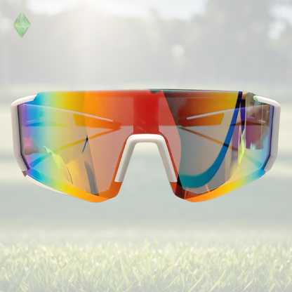 A pair of Sportiq Velocity Prism performance sunglasses with oange/green reflective lenses and black frame, UV400, polycarbonate frame with polycarbonate lens, displayed on a grass background.